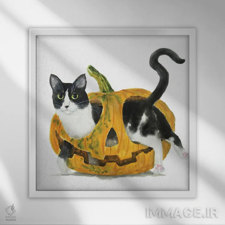 تابلو گربهٔ تاکسیدو در کدو تنبل اثر آلکسی دیمیتریویچ شمیروف - نمای قابدار سفید