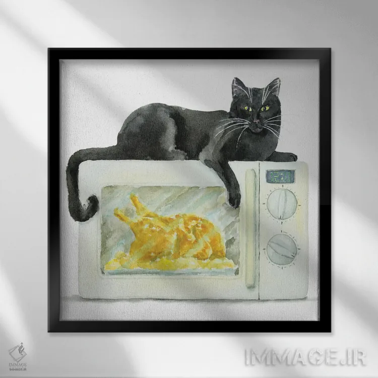 تابلو گربهٔ سیاه روی مایکروویو اثر آلکسی دیمیتریویچ شمیروف - نمای قابدار مشکی