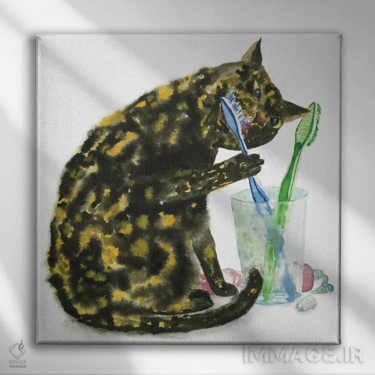 تابلو گربهای که دندان میزند اثر آلکسی دیمیتریویچ شمیروف - نمای روبهرو روی دیوار