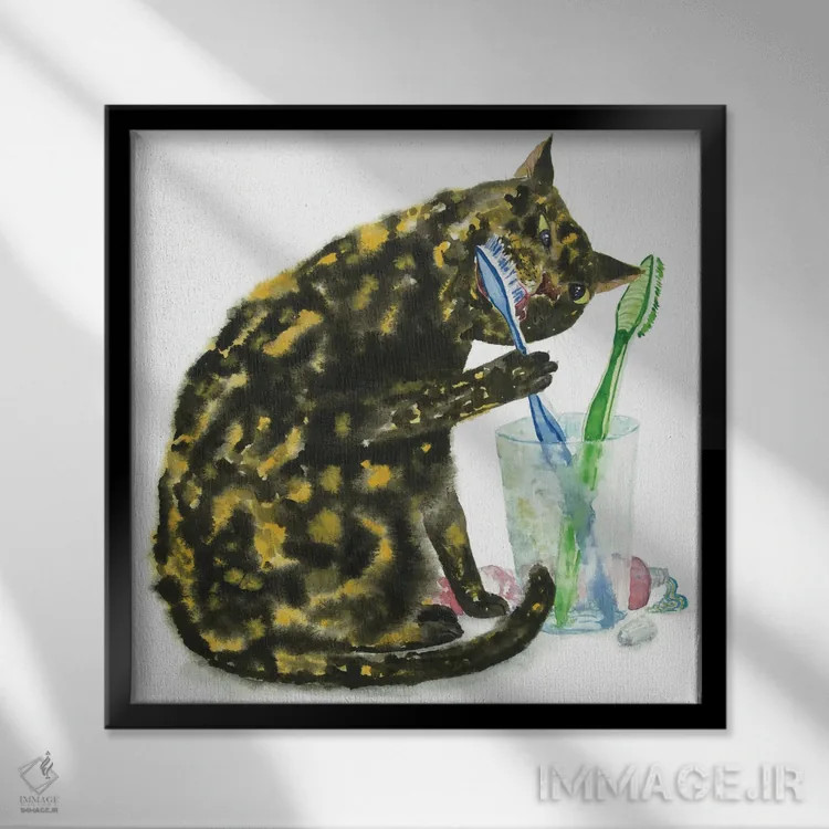 تابلو گربهای که دندان میزند اثر آلکسی دیمیتریویچ شمیروف - نمای قابدار مشکی