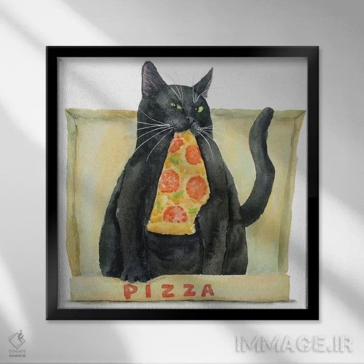 تابلو گربهٔ سیاه و پیتزا اثر آلکسی دیمیتریویچ شمیروف - نمای قابدار مشکی
