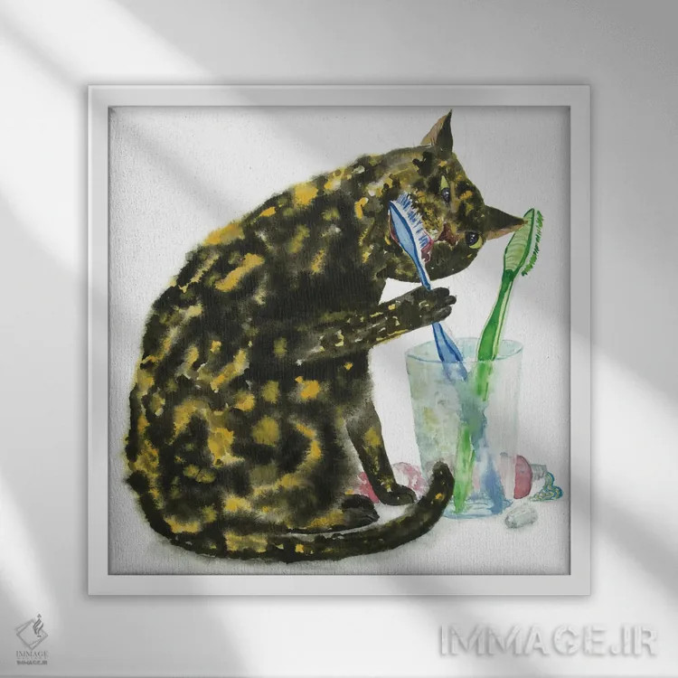 تابلو گربهای که دندان میزند اثر آلکسی دیمیتریویچ شمیروف - نمای قابدار سفید