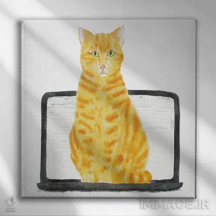 تابلو گربهٔ نارنجی روی لپتاپ اثر آلکسی دیمیتریویچ شمیروف - نمای روبهرو روی دیوار