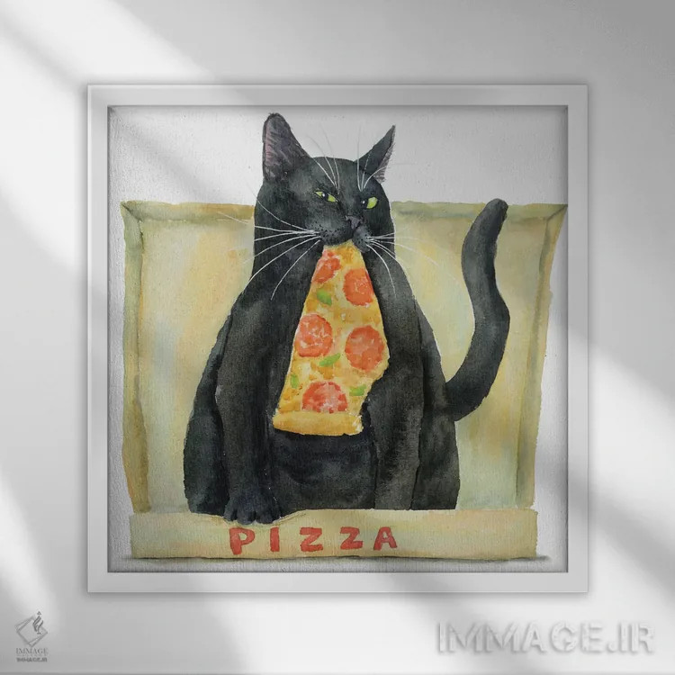 تابلو گربهٔ سیاه و پیتزا اثر آلکسی دیمیتریویچ شمیروف - نمای قابدار سفید