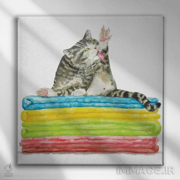 تابلو گربهٔ راهراه در حال حمام کردن اثر آلکسی دیمیتریویچ شمیروف - نمای روبهرو روی دیوار