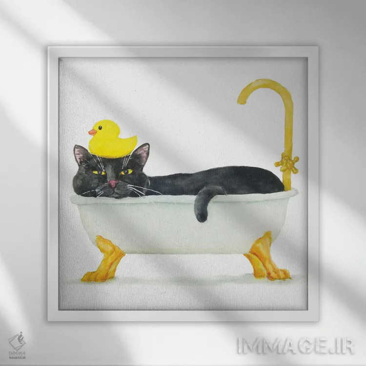 تابلو گربهٔ سیاه در حال حمام کردن اثر آلکسی دیمیتریویچ شمیروف - نمای قابدار سفید