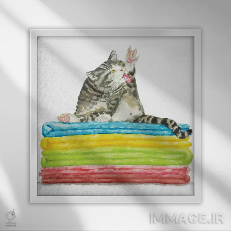 تابلو گربهٔ راهراه در حال حمام کردن اثر آلکسی دیمیتریویچ شمیروف - نمای قابدار سفید