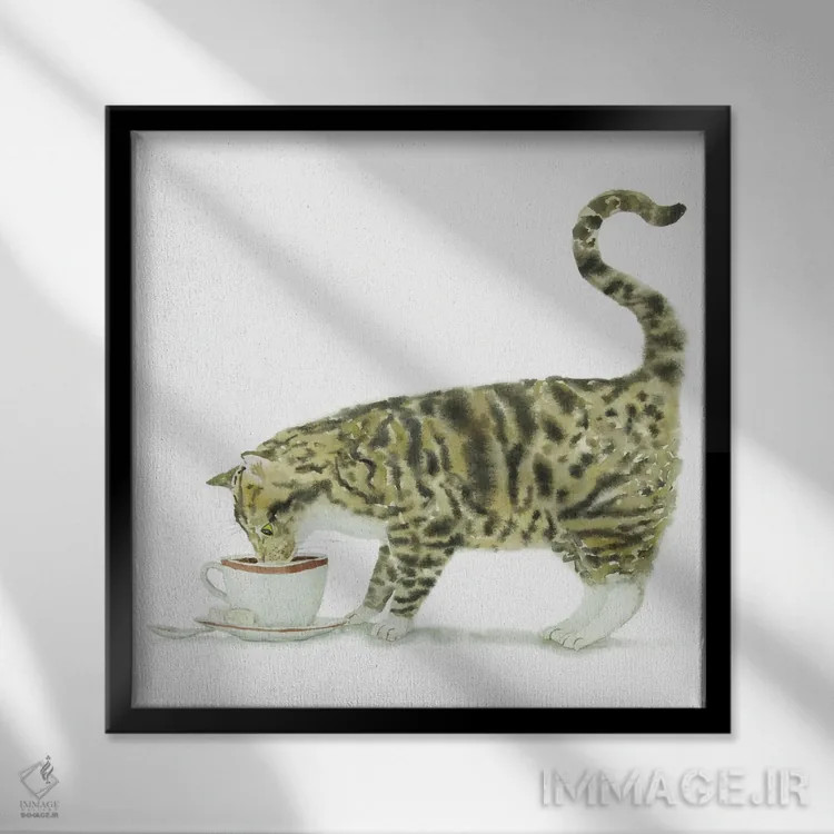 تابلو گربهٔ راهراه و قهوه اثر آلکسی دیمیتریویچ شمیروف - نمای قابدار مشکی