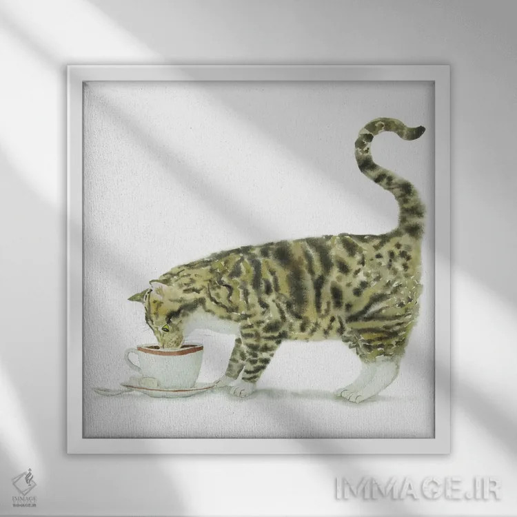 تابلو گربهٔ راهراه و قهوه اثر آلکسی دیمیتریویچ شمیروف - نمای قابدار سفید