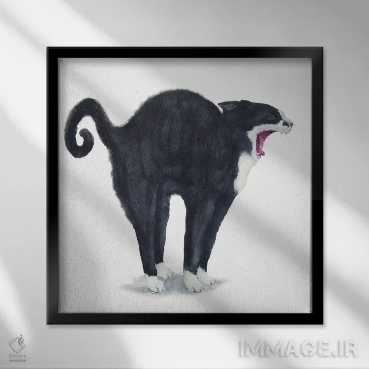 تابلو گربهی تاکسیدو در حال کش و قوس اثر آلکسی دیمیتریویچ شمیروف - نمای قابدار مشکی