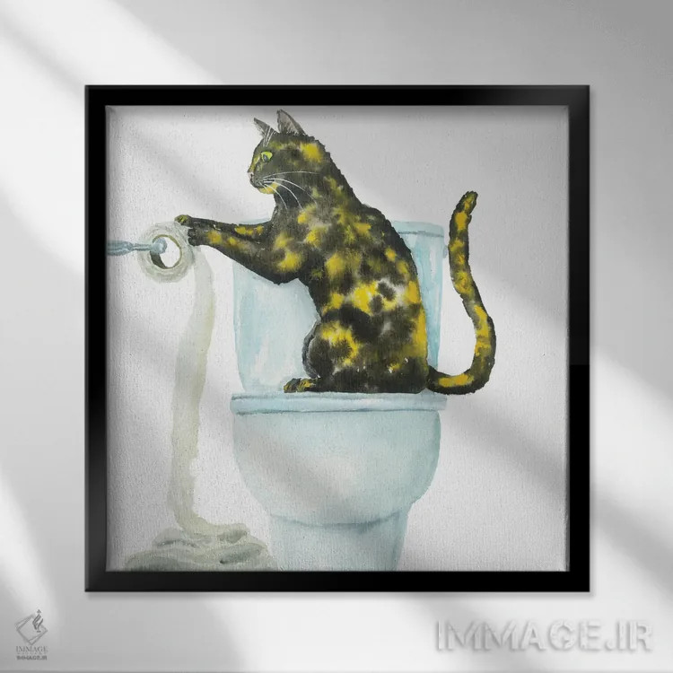 تابلو گربهی لاکپشتی و دستمال توالت اثر آلکسی دیمیتریویچ شمیروف - نمای قابدار مشکی