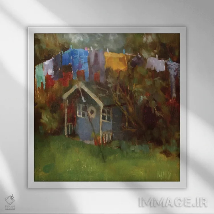 تابلو لباسهای آویزان روی بند اثر الکس کلی - نمای قابدار سفید