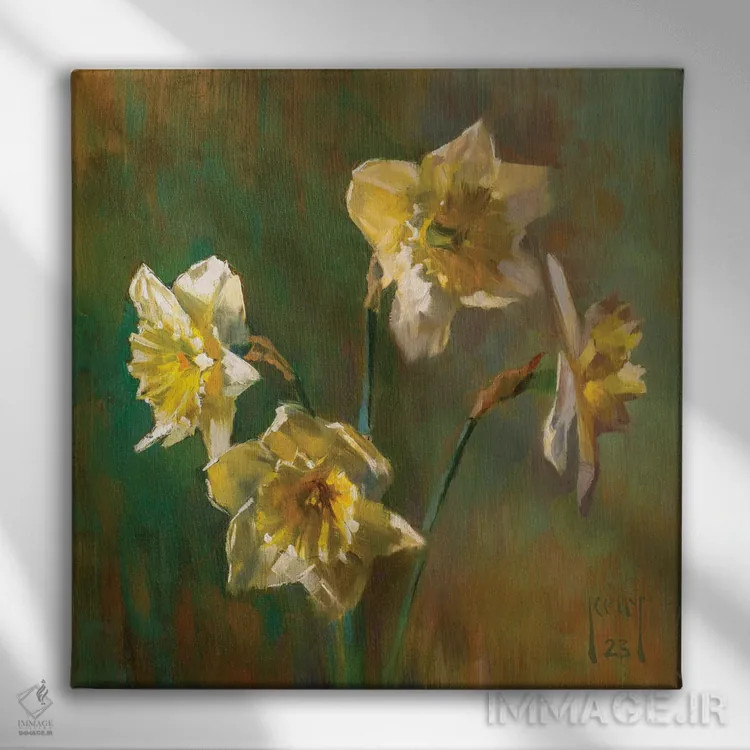 تابلو نرگسهای سفید اثر الکس کلی - نمای روبهرو روی دیوار