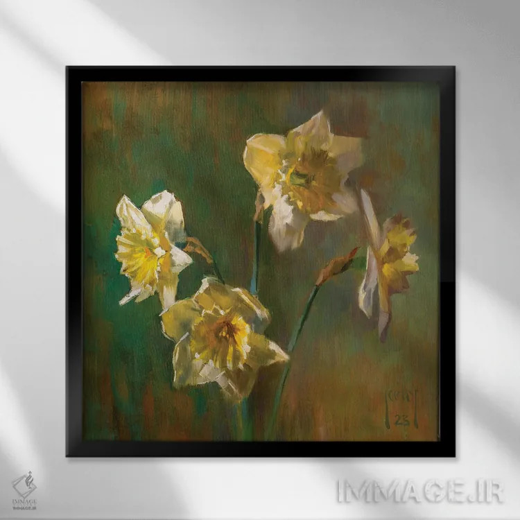 تابلو نرگسهای سفید اثر الکس کلی - نمای قابدار مشکی