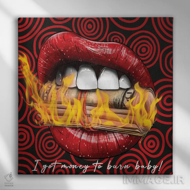 تابلو آنقدر پول دارم که بسوزانم! اثر هنرِ چونی - نمای روبهرو روی دیوار