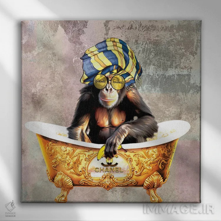 تابلو میمون شنل در وان (برند مد) اثر هنرِ چونی - نمای روبهرو روی دیوار