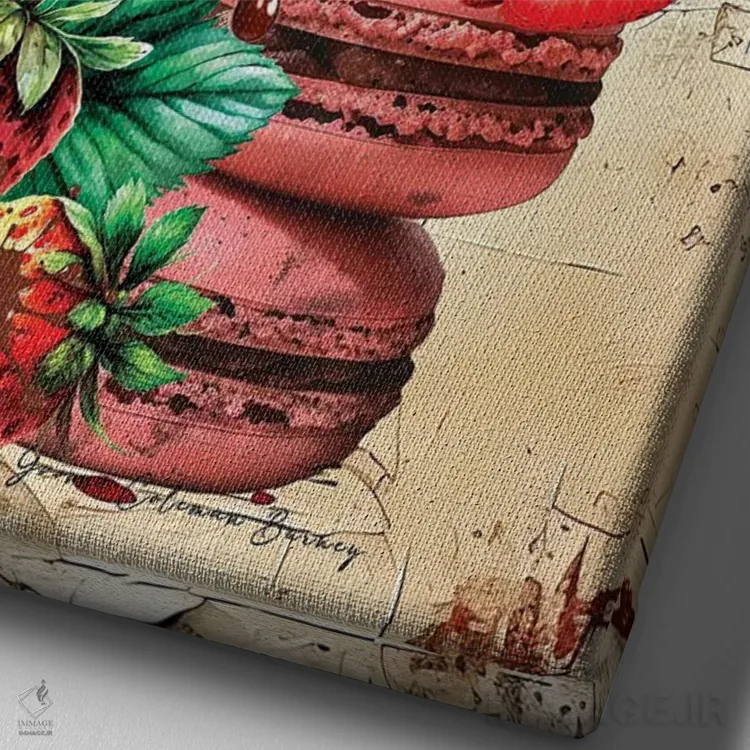 تابلو ماکارون توتفرنگی و شکلاتی اثر هنرِ چونی - نمای نزدیک بافت بوم