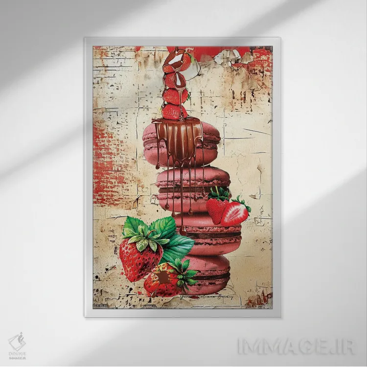 تابلو ماکارون توتفرنگی و شکلاتی اثر هنرِ چونی - نمای قابدار سفید