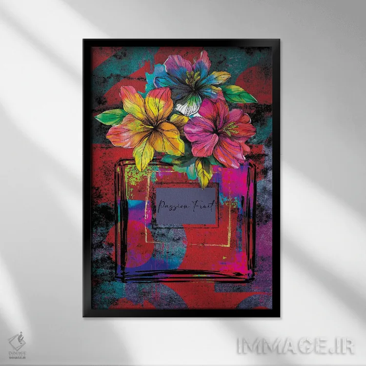 تابلو گرافیتی شیشه عطر میوه گل ساعتی اثر هنرِ چونی - نمای قابدار مشکی