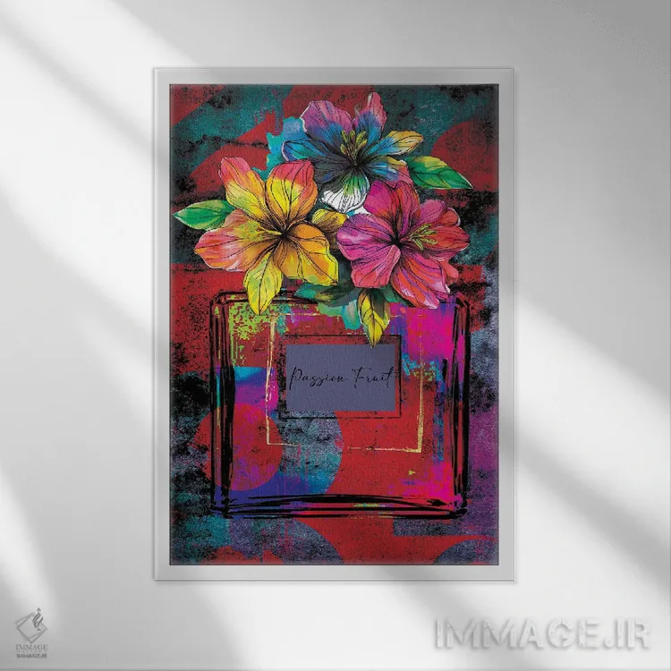 تابلو گرافیتی شیشه عطر میوه گل ساعتی اثر هنرِ چونی - نمای قابدار سفید