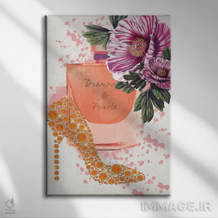 تابلو گل کفش الماس نارنجی اثر هنرِ چونی - نمای روبهرو روی دیوار