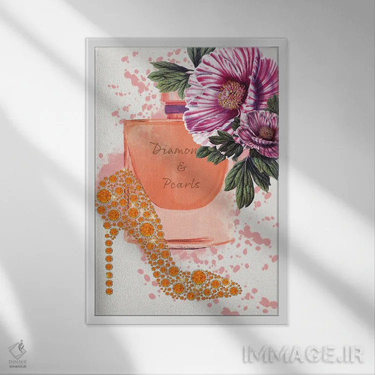تابلو گل کفش الماس نارنجی اثر هنرِ چونی - نمای قابدار سفید