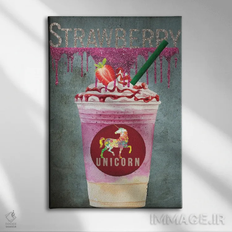 تابلو یونیکورن توتفرنگی اثر هنرِ چونی - نمای روبهرو روی دیوار