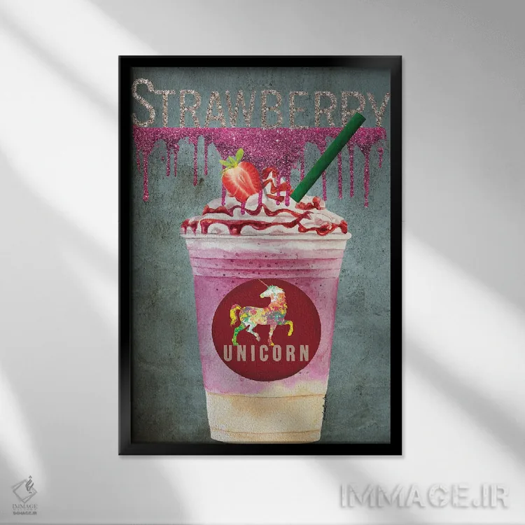 تابلو یونیکورن توتفرنگی اثر هنرِ چونی - نمای قابدار مشکی