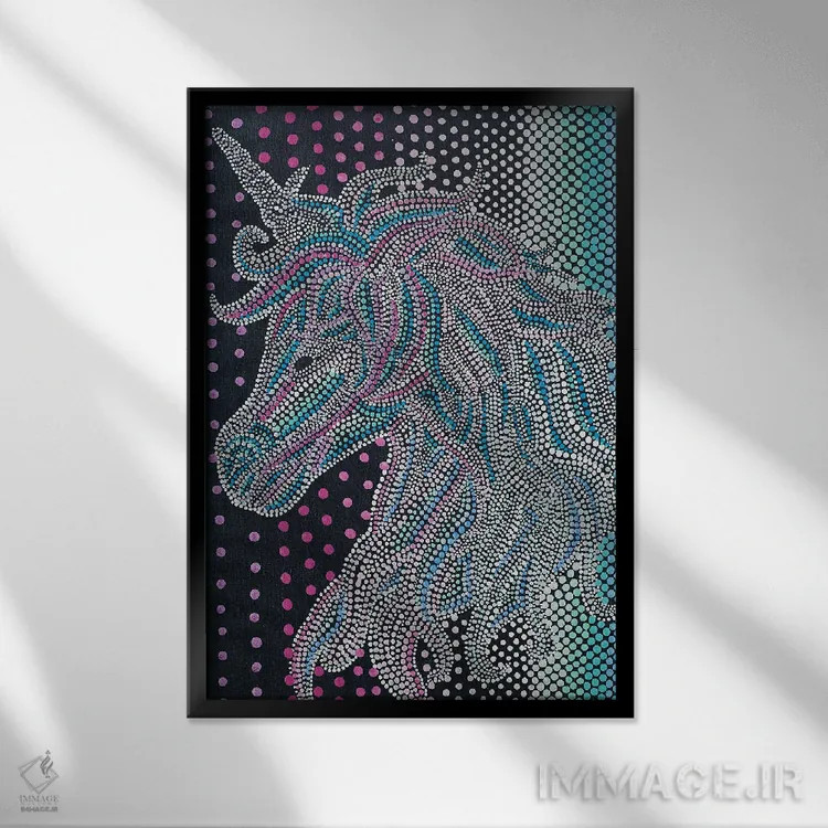 تابلو یونیکورن افسانهای اثر امی داینر - نمای قابدار مشکی