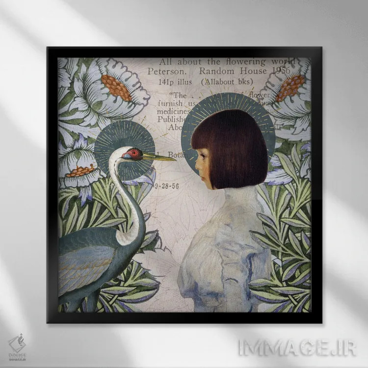 تابلو همهچیز دربارهٔ دنیای شکوفهها اثر امی سالمونه - نمای قابدار مشکی