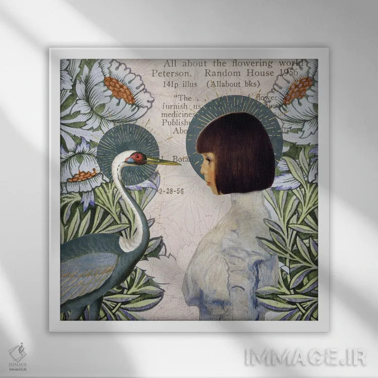 تابلو همهچیز دربارهٔ دنیای شکوفهها اثر امی سالمونه - نمای قابدار سفید