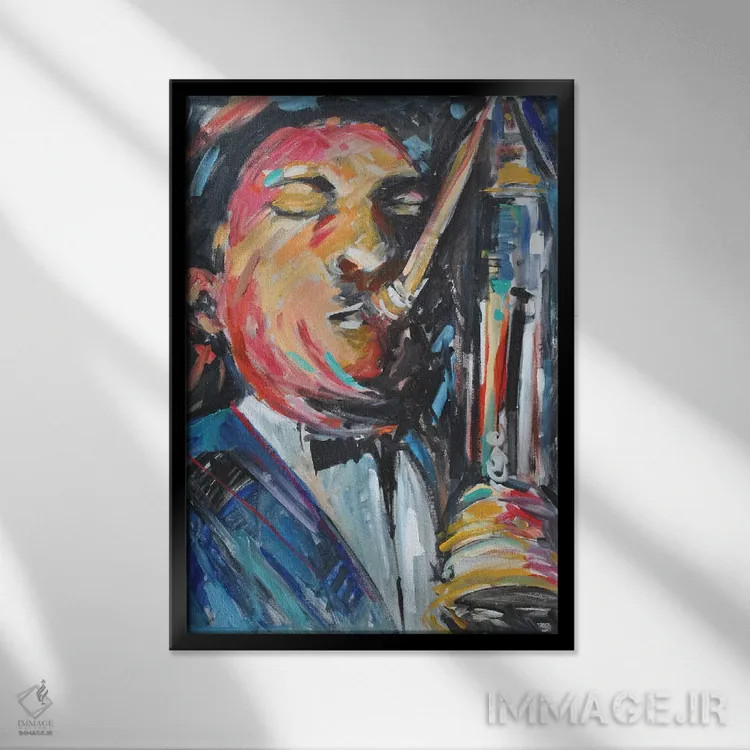 تابلو مرد ساکسوفونیست اثر الین استیونز - نمای قابدار مشکی