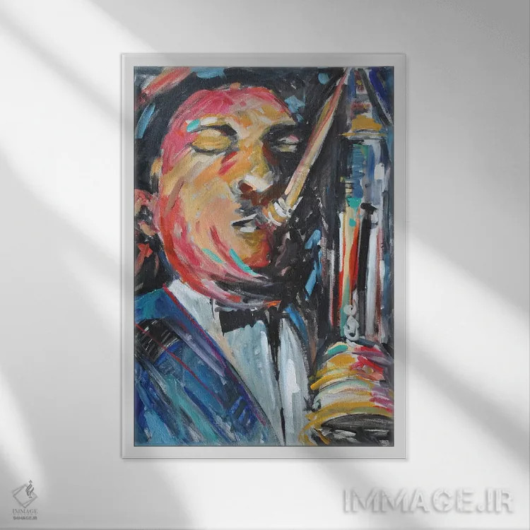 تابلو مرد ساکسوفونیست اثر الین استیونز - نمای قابدار سفید
