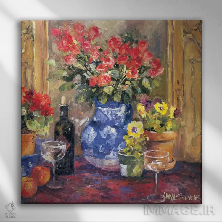 تابلو گلهای قرمز اثر الین استیونز - نمای روبهرو روی دیوار