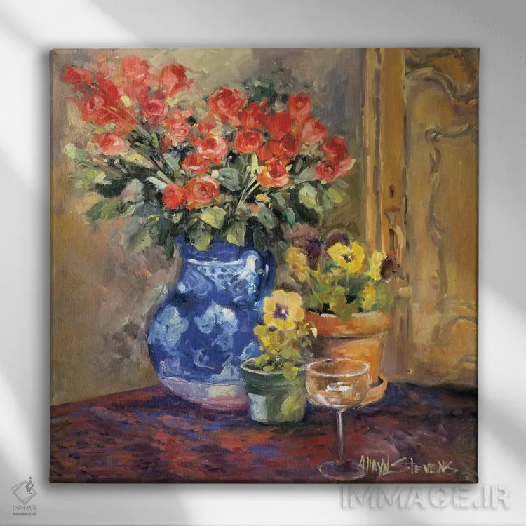تابلو جزئیات گلهای قرمز یک اثر الین استیونز - نمای روبهرو روی دیوار