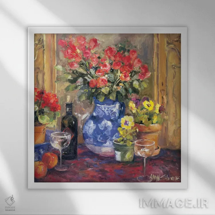 تابلو گلهای قرمز اثر الین استیونز - نمای قابدار سفید