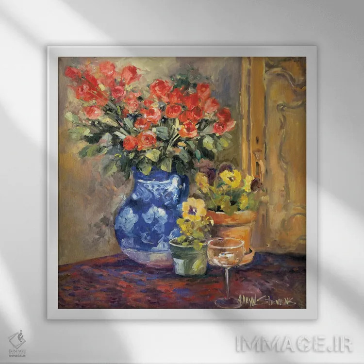 تابلو جزئیات گلهای قرمز یک اثر الین استیونز - نمای قابدار سفید