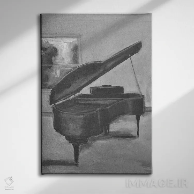 تابلو پیانو سیاه و سفید یک اثر الین استیونز - نمای روبهرو روی دیوار