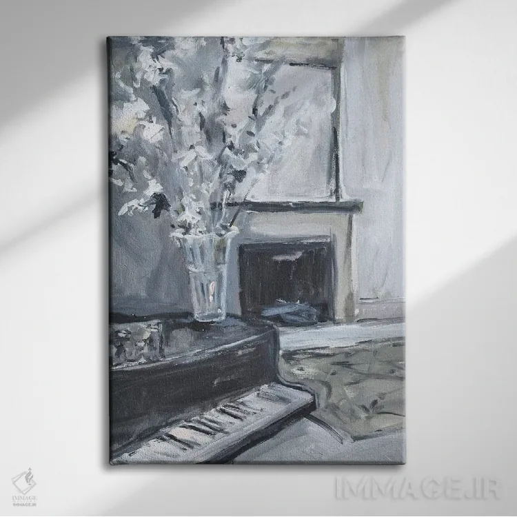 تابلو پیانو و شومینه اثر الین استیونز - نمای روبهرو روی دیوار