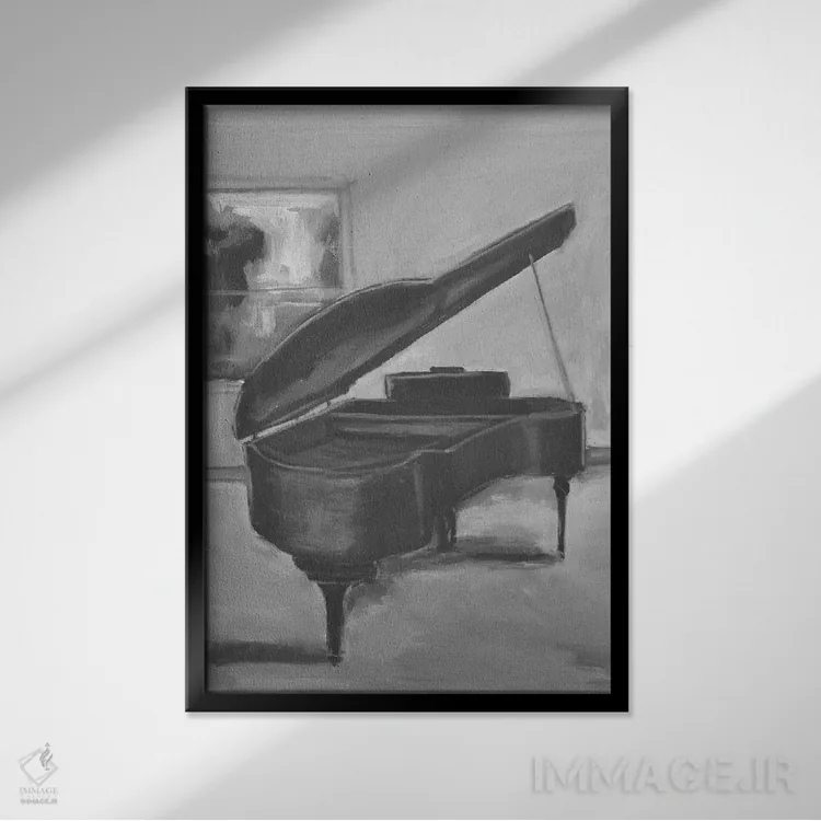 تابلو پیانو سیاه و سفید یک اثر الین استیونز - نمای قابدار مشکی