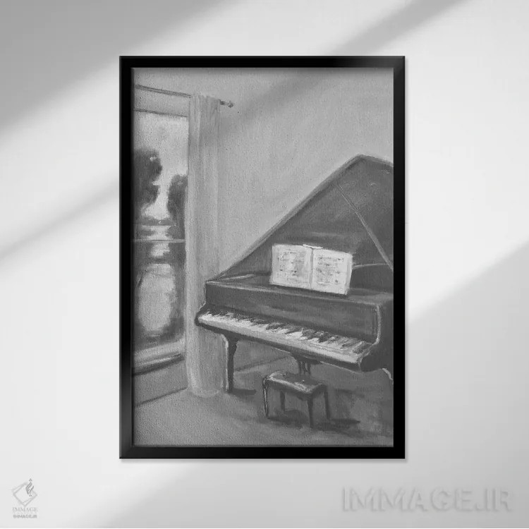 تابلو پیانو سیاه و سفید دو اثر الین استیونز - نمای قابدار مشکی