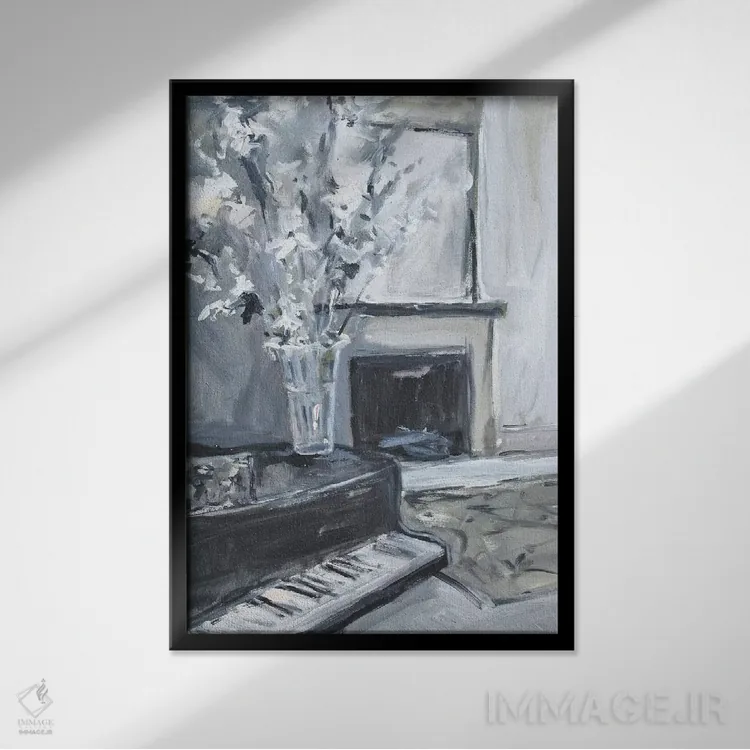 تابلو پیانو و شومینه اثر الین استیونز - نمای قابدار مشکی