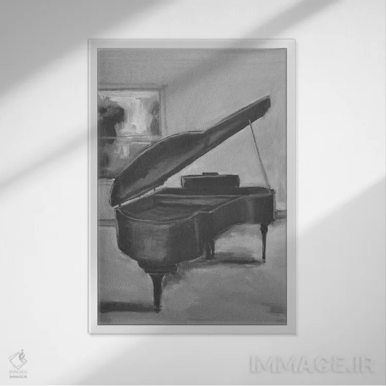 تابلو پیانو سیاه و سفید یک اثر الین استیونز - نمای قابدار سفید
