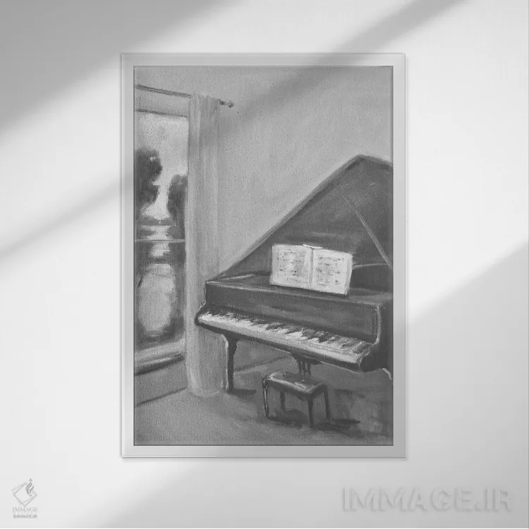 تابلو پیانو سیاه و سفید دو اثر الین استیونز - نمای قابدار سفید