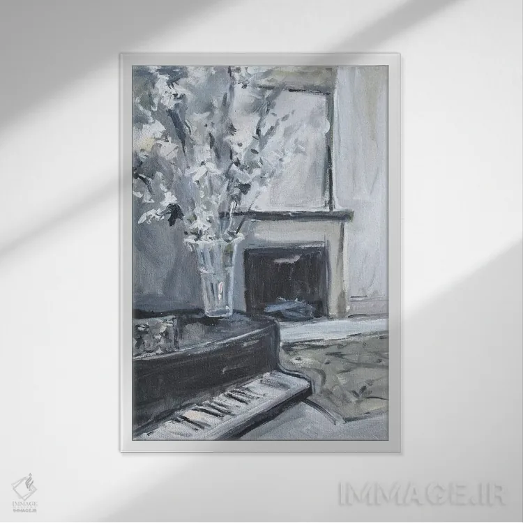 تابلو پیانو و شومینه اثر الین استیونز - نمای قابدار سفید