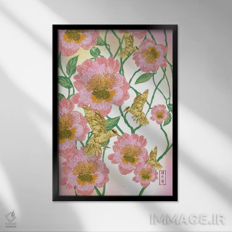 تابلو گل صدتومانی و مرغهای مگسخوار طلایی اثر آنتونی ون لم - نمای قابدار مشکی