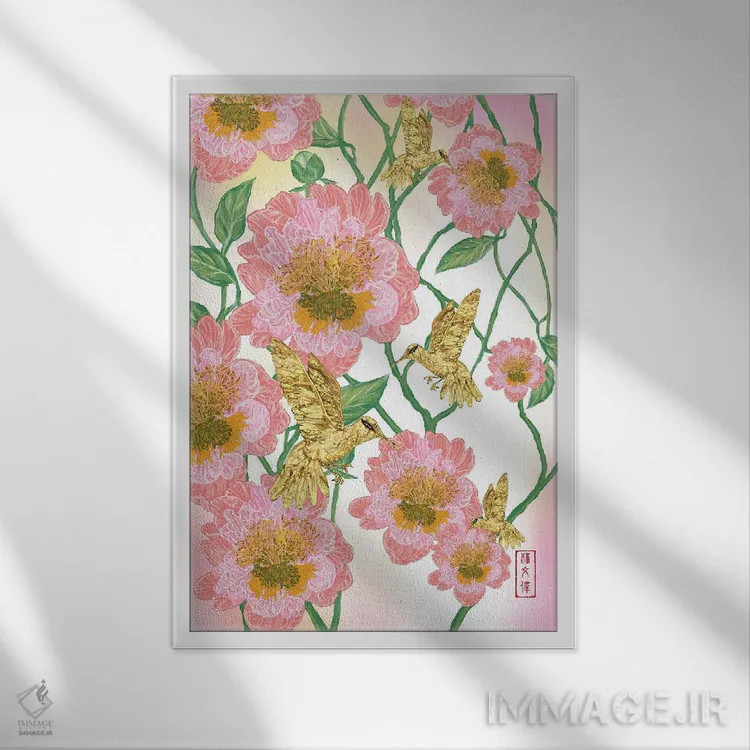 تابلو گل صدتومانی و مرغهای مگسخوار طلایی اثر آنتونی ون لم - نمای قابدار سفید