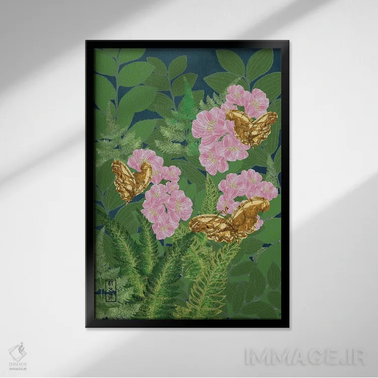 تابلو پروانههای طلایی چرخان اثر آنتونی ون لم - نمای قابدار مشکی