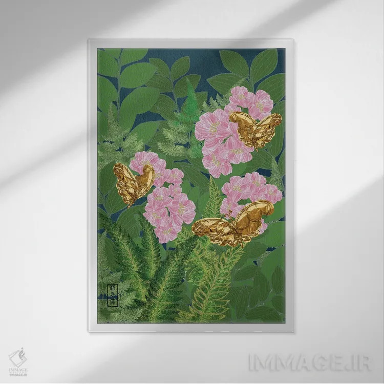 تابلو پروانههای طلایی چرخان اثر آنتونی ون لم - نمای قابدار سفید