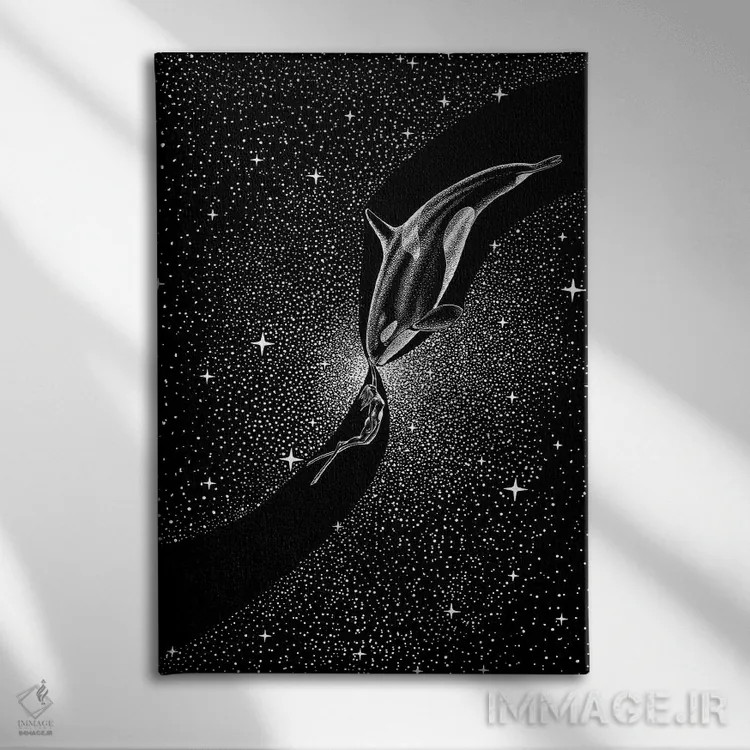 تابلو نهنگ قاتل ستارهای و غواص اثر علیرضا چاکر - نمای روبهرو روی دیوار